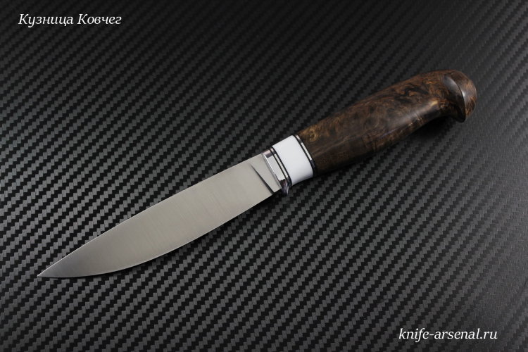 Нож Финка порошковая сталь M390 рукоять стабилизированная карельская береза с проставкой композита кориан