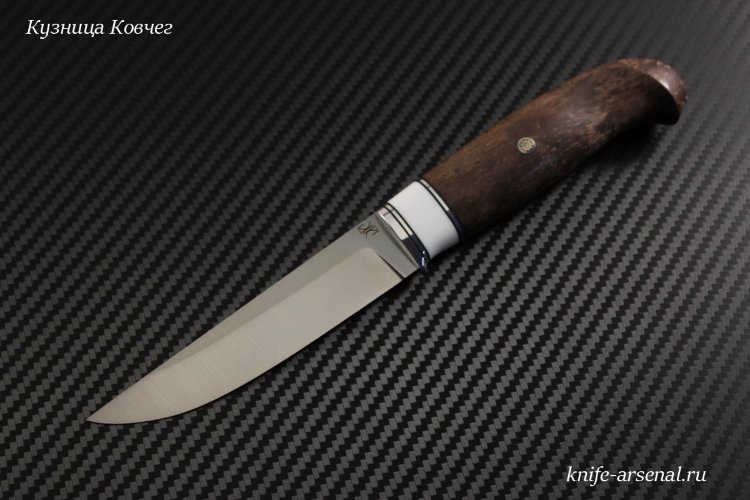 Knife Finnish steel Elmax handle stabilized suvel Karelian birch/Corian /mosaic pins